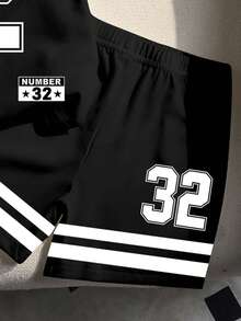 1 Set Estilo deportivo casual para niños pequeños con camiseta de manga corta de cuello redondo con bloque de color y estampado numérico 32 y letra, y pantalones cortos a juego, adecuado para primavera/verano, actividades al aire libre, deportes, uso escolar - Multicolor - Ver 6