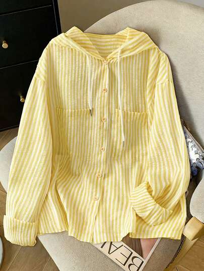 GlowEve CURVE Plus Size Women Elegant Striped Shirt Dress, Lightweight Loose Hooded Sweatshirt, Suitable For Summer And Autumn