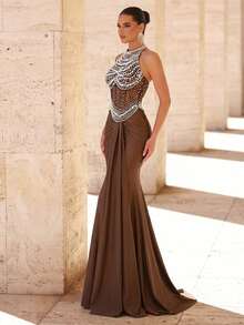 Glamrae Váy bơi đuôi cá sang trọng, đính sequin thêu họa tiết, co giãn, thích hợp cho đám cưới, tiệc tùng, kỳ nghỉ, tiệc chiêu đãi, dạ hội (chất liệu bền chắc) - Cà phê nâu - Xem 8
