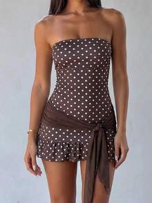 Aloruh Women's Polka Dot Strapless Ruffle Design Fashion Date Party Mini Dress - Green - View 4