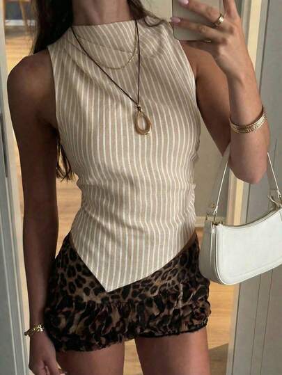 Firerie Women's Minimalist Elegant Fashion Office Commute, Sleeveless Pleated Collar Pointed Hem Poplin Shirt In Beige,Summer Top