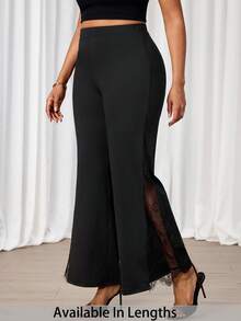 SHEIN Tall CURVE 大码女式蕾丝拼接休闲百搭日常喇叭裤 - 黑色 - 查看 1