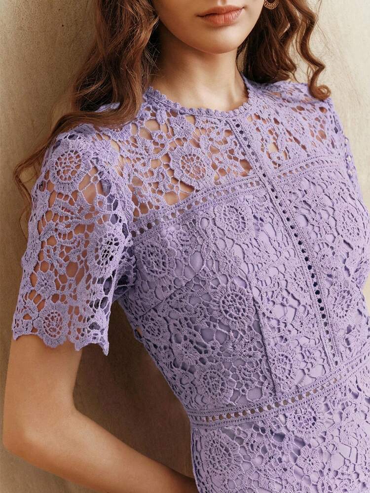 Women's Exquisite Elegant Lace Water-Soluble Embroidery Patchwork Short Sleeve Lavender Summer Dress