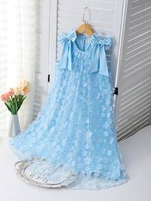 SHEIN Elegant Young Girls Blue Semi Sheer Sleeveless Short Dress Floral Patterned For Everyday Casual Wear - Blue - View 4