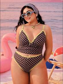 Swim Mod 2026新款加大码女式两件套随机几何印花时尚度假休闲简约显瘦端庄蝴蝶结可调节粗肩带高腰高开衩三角比基尼泳衣 - 棕色 - 查看 5