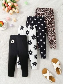 SHEIN Playful Pals 4件套女婴休闲百搭柔软可爱印花、豹纹、爱心和纯黑色打底裤，性价比高，适合春夏室内外玩耍 - 黑色 - 查看 3