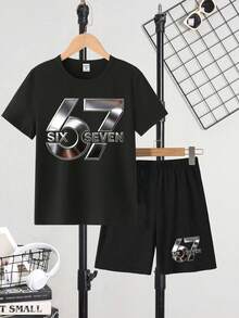 2件套男童休闲时尚创意个性清新简约金属质感数字67字母标语印花宽松T恤和短裤套装，舒适百搭，适合春夏季日常穿着 - 黑色 - 查看 6