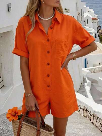 Vaclyn Women's Solid Color Short Sleeve Shirt & Casual Romper