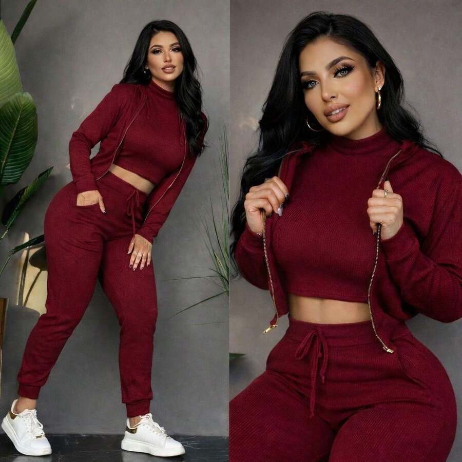 Super Comfortable And Stylish 3-Piece Set, Made Of Ribbed Fabric, Soft, Comfortable And With Excellent Fit. - Red Violet - View 1