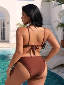 Swim Chiccia Plus Size Women 2 Pieces Bikini Set Set, Steel Bra Bikini Swimwear For Summer Holiday - Coffee Brown - View 2