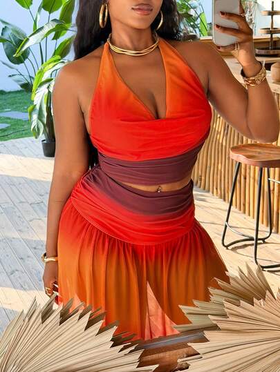 Slaydiva Plus Size European And American Style Gradient Halter Backless Long Bikini Two Pieces Swimwear