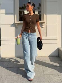 Muchica 女士纯色圆领金属装饰休闲百搭日常短袖T恤 - 巧克力棕 - 查看 7