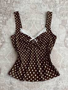 Attitoon Áo tank top nữ dáng ôm, cổ vuông, thắt nơ, họa tiết chấm bi nâu, phong cách retro Y2K đa năng, thích hợp cho lễ hội âm nhạc, trang phục mùa hè. - Nhiều màu - Xem 4