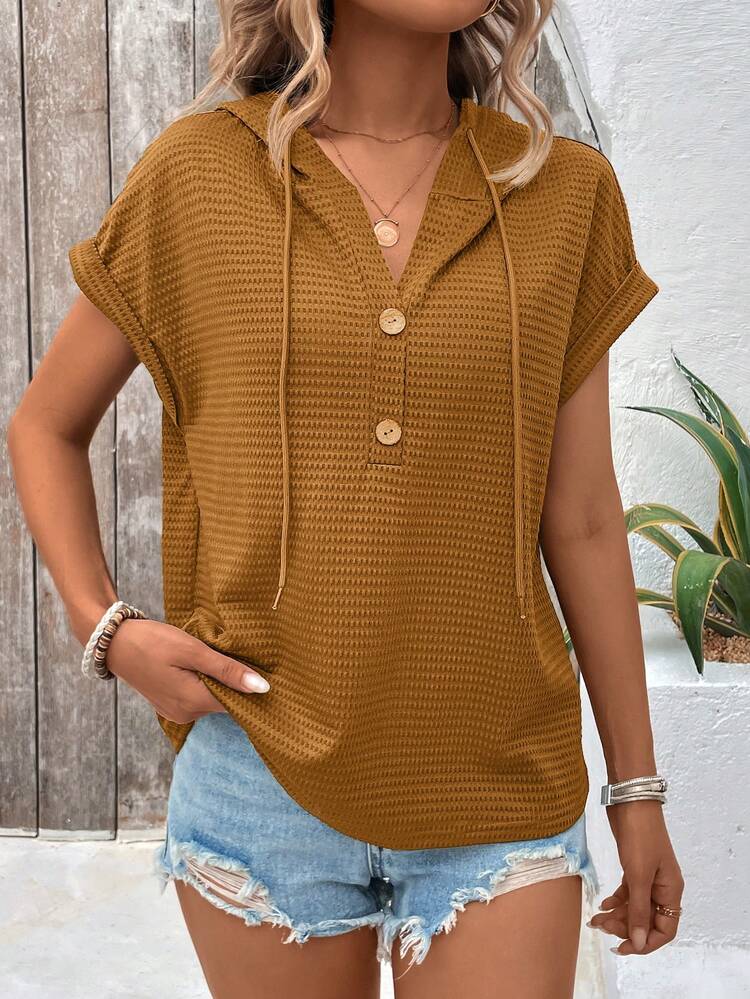 EMERY ROSE Women's Solid Color Drawstring Hooded Casual Versatile Daily Wear T-Shirt Casual Tops For Women Short Sleeve Tops Women Business Casual Women Tops French Chic Latest Tops For Women New Arrivals - Brown - View 1