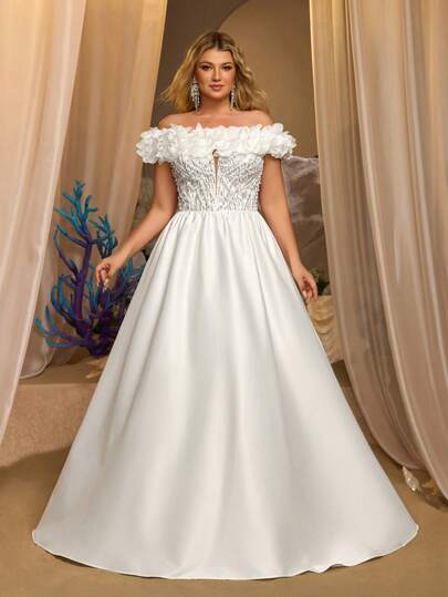 Glamrae Đầm cưới cỡ lớn sang trọng, lãng mạn, màu trắng đính cườm thêu họa tiết tinh tế, chất liệu satin, kỹ thuật đính cườm bằng máy tính, viền ren hoa 3D, chân váy bồng bềnh, thích hợp cho lễ cưới.