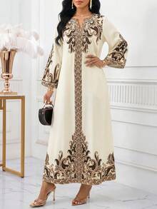 SHEIN Lady 女士优雅佩斯利印花宽松度假连衣裙，翻领设计，适合春秋季穿着 - 彩色 - 查看 4