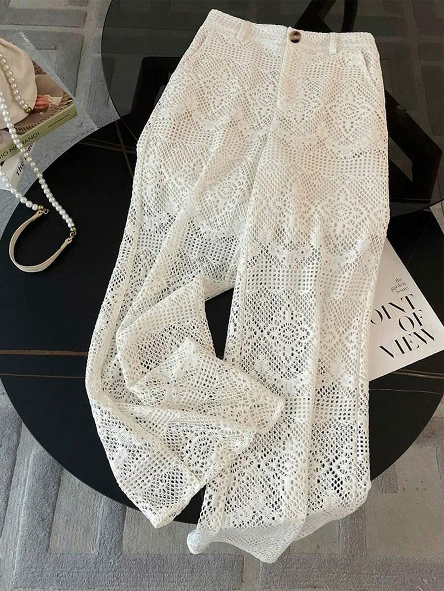 GlowEve 时尚新款优雅蕾丝镂空拉链前开合女式休闲裤 - 杏色 - 查看 1