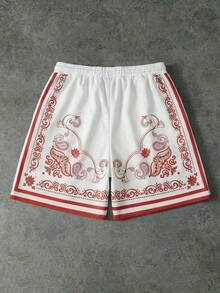 ROMWE MEN 男士休闲宽松抽绳腰带腰果印花短裤 - 米色 - 查看 2