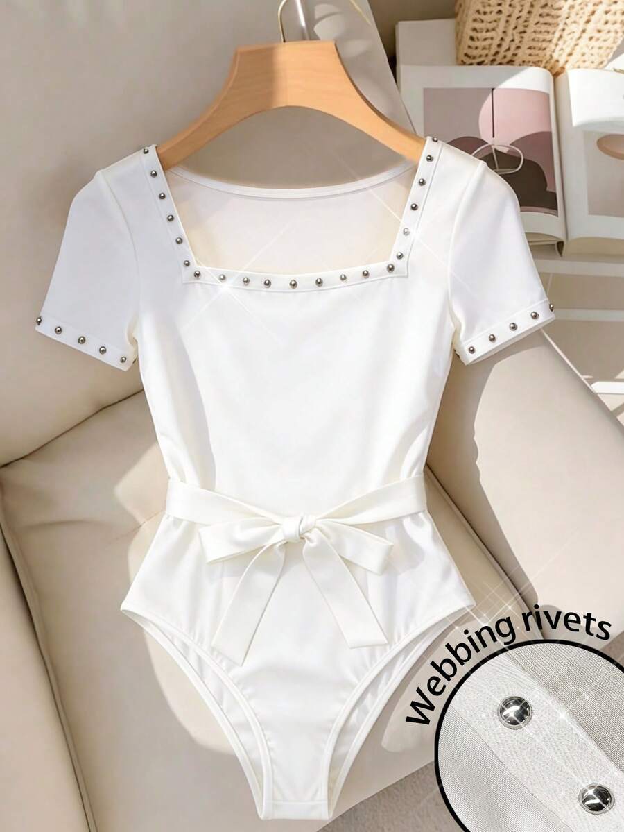 Elenzga Áo liền thân nữ thanh lịch, thoải mái, cổ vuông, đính đinh tán, phối vải, kèm nơ thắt lưng. - trắng - Xem 1