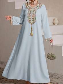 SHEIN Najma 女士优雅彩色刺绣流苏装饰宽松舒适休闲睡袍 - 霧霾藍 - 查看 3