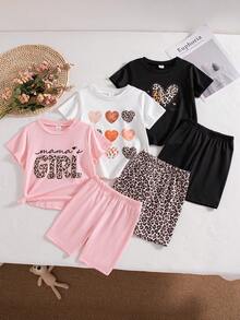 Genkimix Kids Conjunto casual de 2 piezas de camiseta de manga corta con cuello redondo y estampado de corazón y leopardo, y pantalones cortos para niña en verano - Multicolor - Ver 3