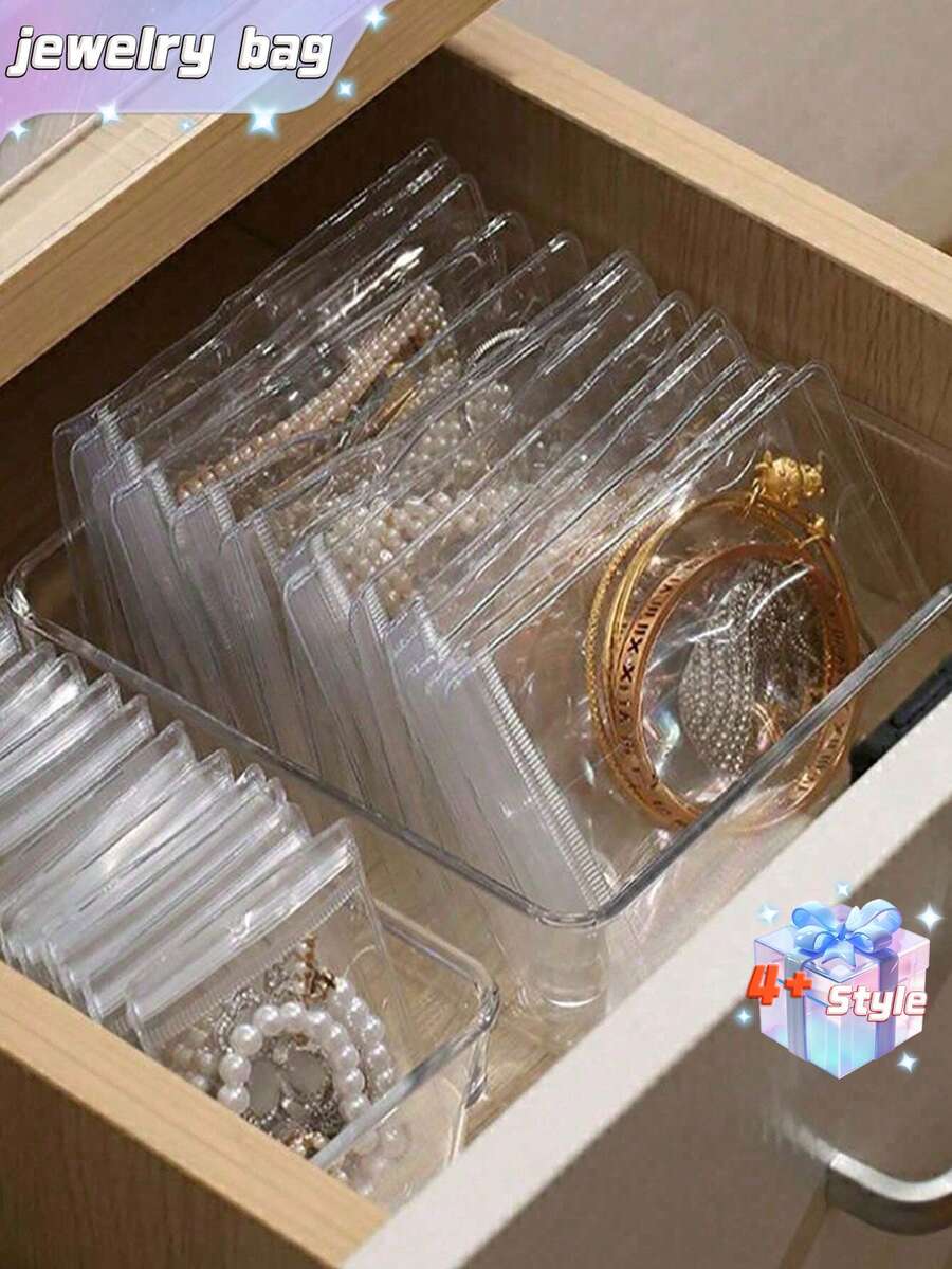 SHEIN 100 个 PVC 透明可重复密封珠宝袋，带拉链，抗氧化，防止失去光泽，用于存放耳环、项链、珠宝、小礼品、配饰派对礼品袋，透明拉链袋防氧化珠宝包装袋（珠宝）收纳盒 - 無色 - 查看 1