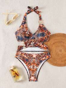 Swim SXY 女士印花加粗肩带前金色装饰后系带连体泳衣 - 彩色 - 查看 3