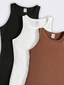 SHEIN 3pcs/Set Teen Girl's Solid Color Knit Round Neck Sleeveless Fitted Casual Dress Casual Dresses For Women Summer Ribbed Dresses - Brown - View 3