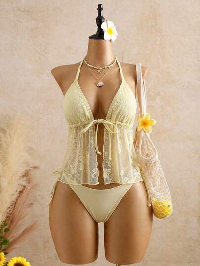 Bellisia 2026春夏女士性感沙滩度假甜美可爱蕾丝面料吊带背心套装，正面饰有蝴蝶结，细肩带挂脖吊带背心，适合度假、沙滩、下午茶野餐、派对等场合。