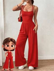 Enterizo Largo de Pata Ancha en Tela Brush Suave - Enterizo Casual de Tirantes con Ajuste en Cintura - Rojo - Ver 1