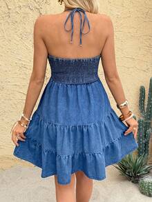 SHEIN Maternity Vacation Ruffle Hem Sexy Halter Denim Dress - Blue - View 2
