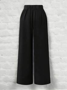 SHEIN PETITE CURVE 大码女式金属装饰纯色阔腿裤，适合休闲、派对、通勤等多种场合，带裙摆，女士连衣裙裤，黑色阔腿裤，女式长裤 - 黑色 - 查看 2