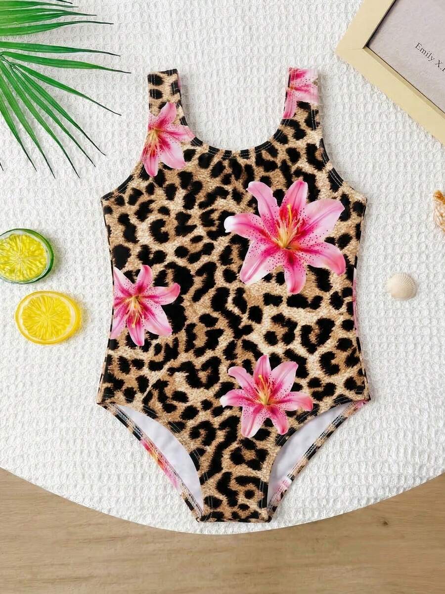Baby Girls Beachwear,Cute Multi-Color Knitted Fabric Leopard Flower Print Swimsuit,Holiday Summer Vacation Beach Pool Party Elegant Fashion Swimwear - Multicolor - View 1