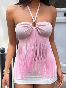 Sunnyshic Dây chuyền choker tua rua phối màu hồng dành cho nữ, thiết kế hở lưng, kiểu áo hai dây gợi cảm, ngọt ngào và lãng mạn cho kỳ nghỉ biển. - Hồng - Xem 4