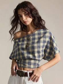 2026 Blusa casual holgada de manga de murciélago a cuadros para mujer, blusa asimétrica de hombro a cuadros, blusas de manga corta retro en múltiples colores - Multicolor - Ver 2