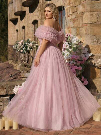 Glamrae Vestido maxi elegante, romántico y lujoso de talla grande con hombros descubiertos, mangas con flores 3D, ajustado y voluminoso, adecuado para fiestas de noche, citas, bailes, vacaciones y eventos de boda