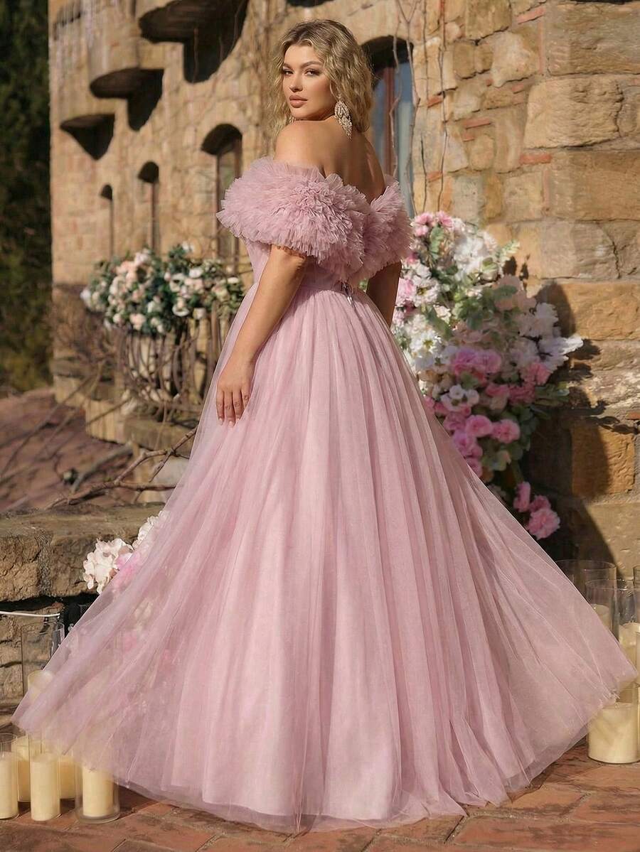 Glamrae 大码优雅浪漫奢华粉色露肩3D立体花卉袖修身蓬松长裙，适合晚宴、单身派对、约会、舞会、度假、婚礼等场合。