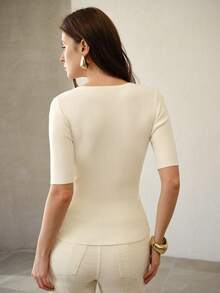 MOTF PREMIUM WOMEN'S FRONT BUTTON RIBBED KNIT SHORT SLEEVE CARDIGAN - Beige - View 3