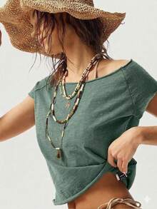 Bohemela Áo thun nữ cổ thuyền, màu trơn, chất liệu dệt kim, dáng ôm, đã qua xử lý giặt. - màu xanh lá - Xem 6