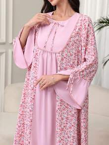 Al Najma Arabic Style Floral Print   Lace-Trimmed Dress With Round Neck, Bowknot, Flared Sleeves And Skirt, Spring/, Modest - Multicolor - View 4