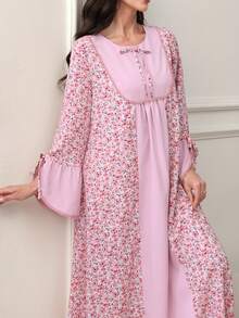 Al Najma Arabic Style Floral Print   Lace-Trimmed Dress With Round Neck, Bowknot, Flared Sleeves And Skirt, Spring/, Modest - Multicolor - View 6