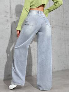 SHEIN Tall 女士休闲高腰洗水直筒口袋牛仔裤 - 淺色水洗藍 - 查看 2