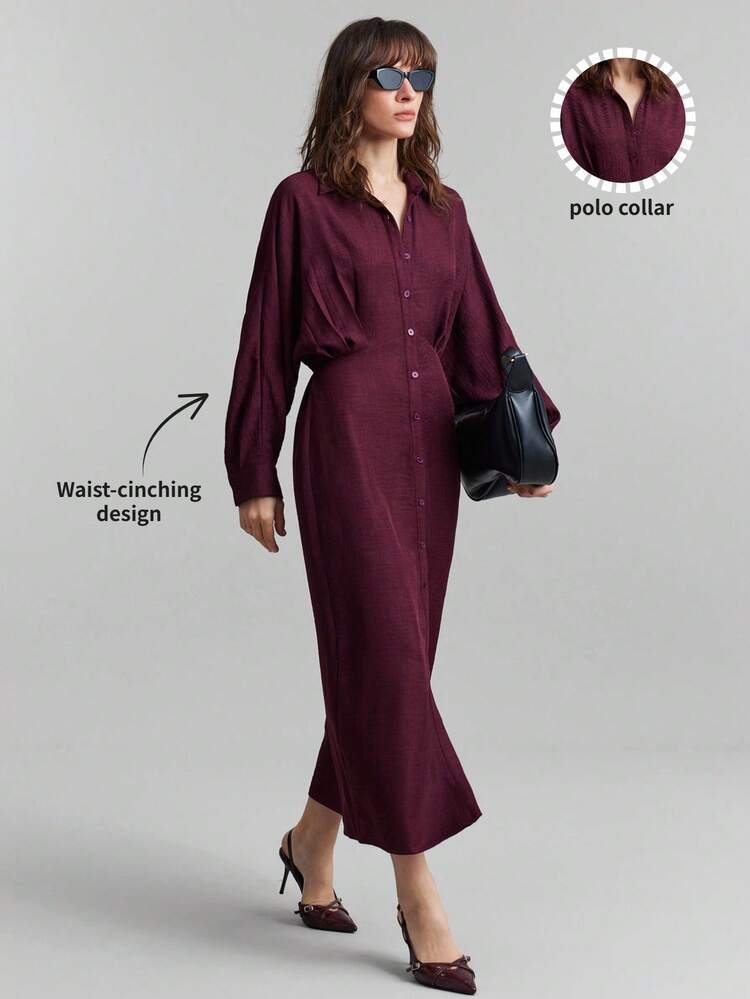 2026SS Summer Women's Solid Wine Red Batwing Sleeve Single-Breasted Casual Shirt Dress, Urban Chic Business Casual Elegant Versatile Dress For Daily Wear, Party, Dating