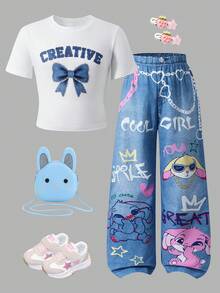 SHEIN ChillGRL 两件套少女仿牛仔印花紧身T恤和仿牛仔卡通链条印花长裤套装，休闲日常风格 - 藍色 - 查看 5