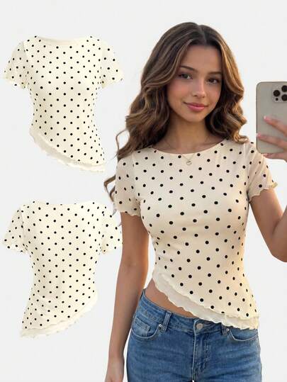 SHEIN Girlism Kids Summer  Apricot Knit Mesh Casual Minimalist Polka Dot Print Tight Asymmetric Hem Cropped Top, Suitable For Spring/Summer, Casual, Personalized Styling, Daily Wear Cute Summer Tops Women Polka Dot Top