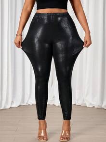 SHEIN Tall CURVE 大码弹力鳄鱼纹印花打底裤 - 黑色 - 查看 3