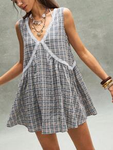Bohemela 女士休闲格纹V领迷你连衣裙 - 藍白色 - 查看 4