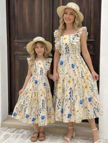 SHEIN Young Girl Floral Print Ruffle Hem Camisole And Skirt Set, Casual Vacation - White - View 4