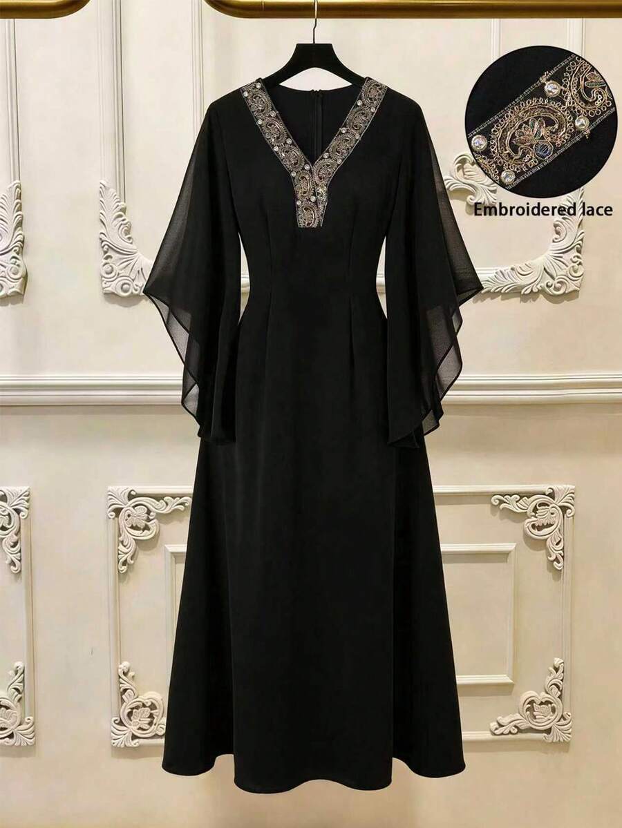 GlowEve Đầm nữ cổ chữ V, phối ren hoa, tay loe, chất liệu chiffon mỏng, eo thon, thích hợp cho mùa xuân/hè. - màu đen - Xem 1