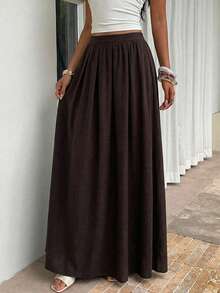 Firerie 女士收腰长裙，休闲度假亚麻质感半身裙，松紧腰设计，春夏百搭，优雅百搭，适合通勤、约会、工作、返校、波西米亚风、度假、海滩、舒适日常穿着，休闲百搭，也适合音乐节等场合。 - 咖啡棕 - 查看 6